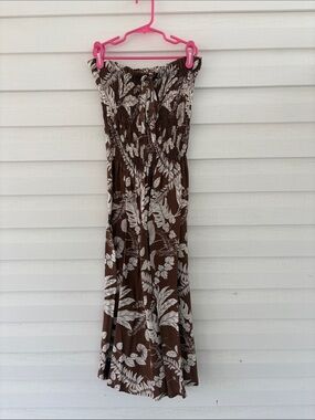 El Shadai Bali Brown Floral Strapless Smocked Maxi Dress Boho Tropical
